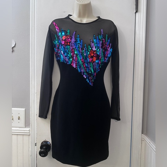 Tadashi Vintage 80’s Party Glam Women’s Small Black Sequin Mesh Dress - Picture 3 of 15